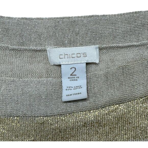 CHICOS Gold Tan Stripe Linen Blend Short Sleeve Relaxed Knit Top Size Large (2) - Picture 6 of 9